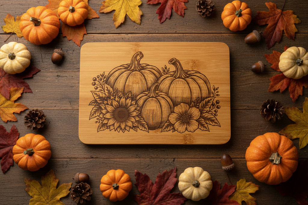 A rectangular bamboo cutting board with rounded corners, featuring a detailed laser-engraved design of three pumpkins, sunflowers, and autumn leaves. The board is shown resting on a wooden surface against a plain light gray wall.