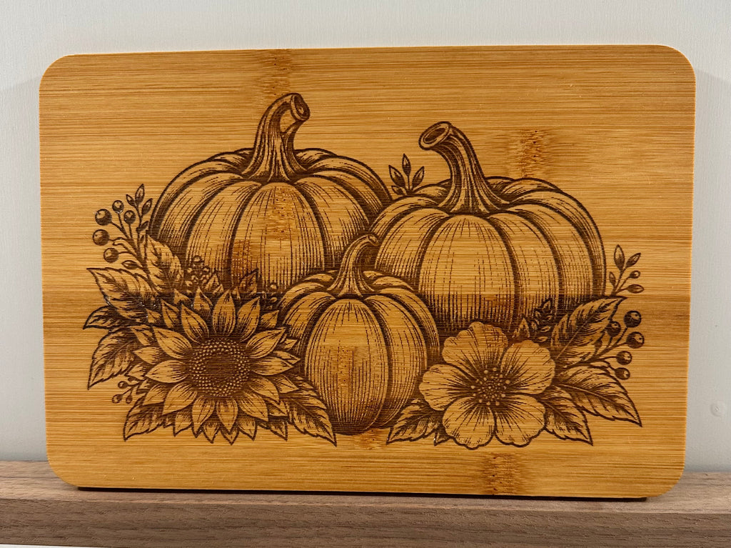 Laser Engraved 3 Pumpkins Large Bamboo Small Prep Board