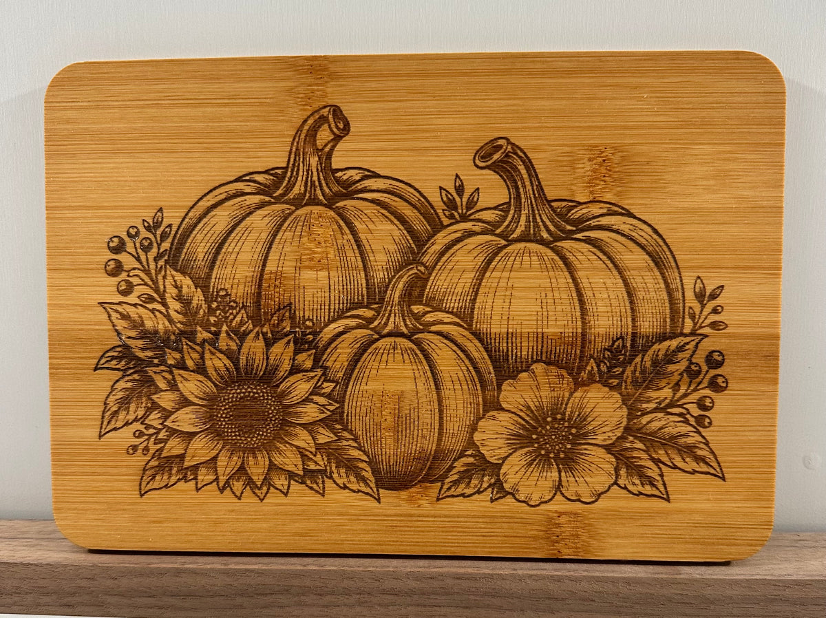 Laser Engraved 3 Pumpkins Large Bamboo Small Prep Board