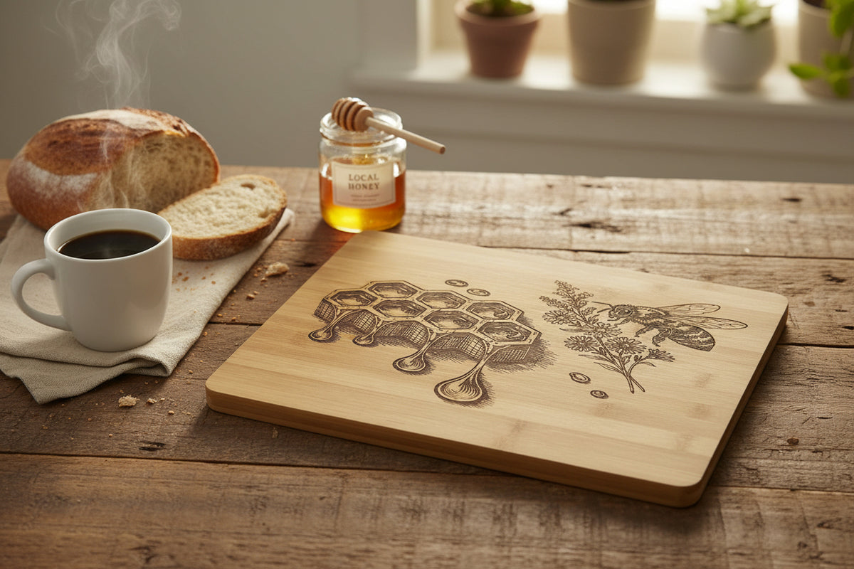 A rectangular bamboo cutting board with rounded corners, featuring a detailed laser-engraved design of a honeycomb, dripping honey drops, flowers, and a bee on a light beige background.