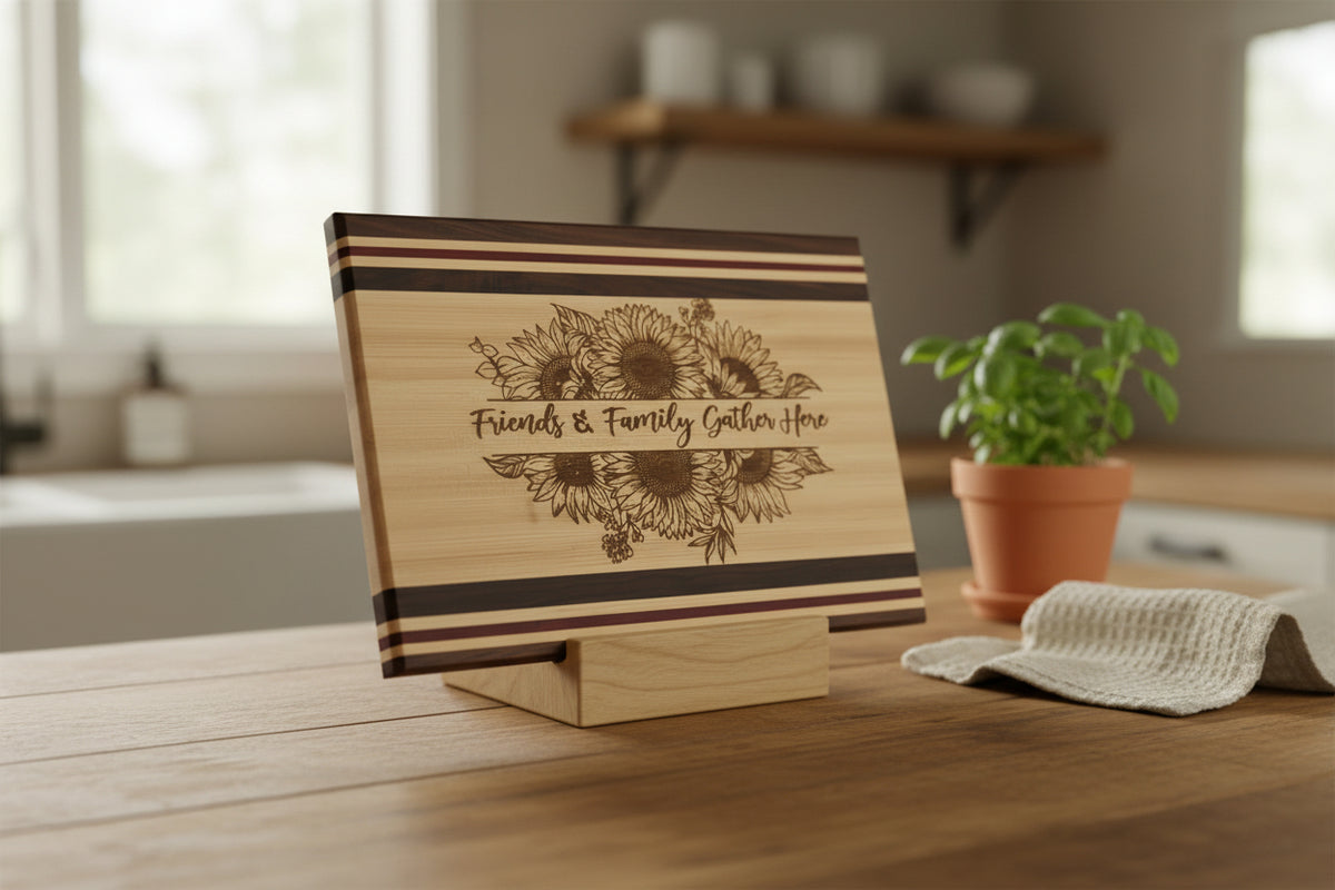 Laser Engraved Sunflowers Food Prep Walnut/Maple/Padauk Wood Large Board