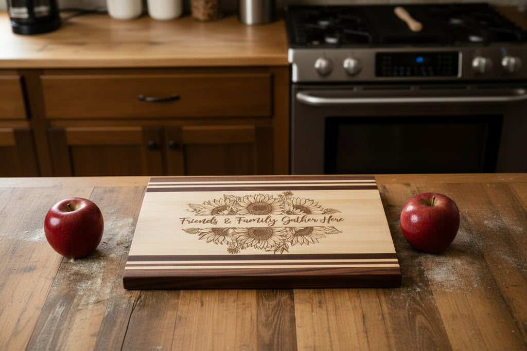 A rectangular wooden cutting board with a natural light wood center, dark brown end caps, and decorative stripes. The center features a laser-engraved floral design of sunflowers and the text 'Friends & Family Gather Here'.