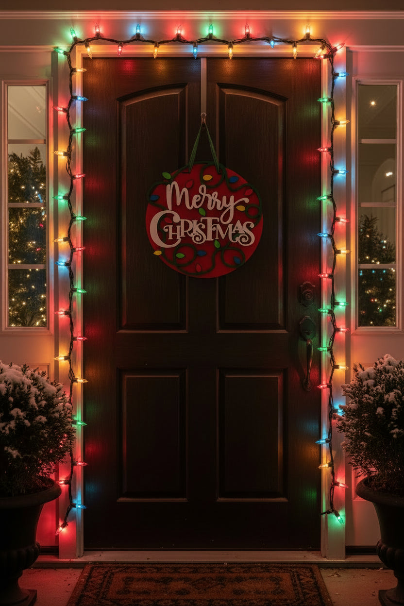 Merry Christmas with Garland Lights Door Hanger